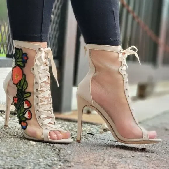 Women Ankle Open Toe High Heel Booties Lace Up Nude Color - Picture 2 of 7